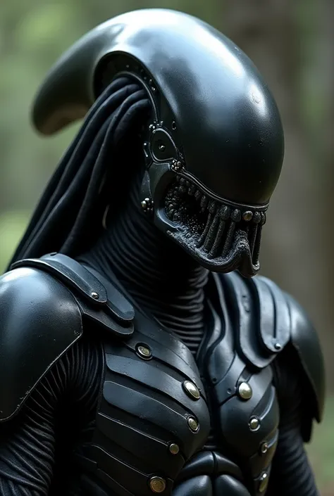 A male Yautja, wearing sleek, black chitinous tech-stealth armor made from the carapace of an Alien arthropod turned into a sleek black stealth suit, over which the character is wearing a masked PREDATOR helmet, face-mask without-eyes, the PREDATOR masks l...