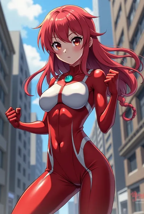 My Hero Academia Style , Anime girl, female, young female ,Full Body Shot,(fighting Pose:1.3),Long hair, Red Hair,  Brown Eyes,Hero Suit, Full Body Suit, red suit with white details,small round blue jewel in the center of the chest, perfect anatomy,  Tough...