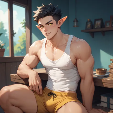 an male elf has a short black hair, yellow eyes and 8 packs. He is wearing a mustard shorts and mens tank top