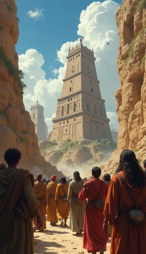 "Groups of people leaving the Tower of Babel, spreading out to different parts of the earth. Show diverse groups with varied expressions of confusion, determination, and resolve as they begin their journeys."