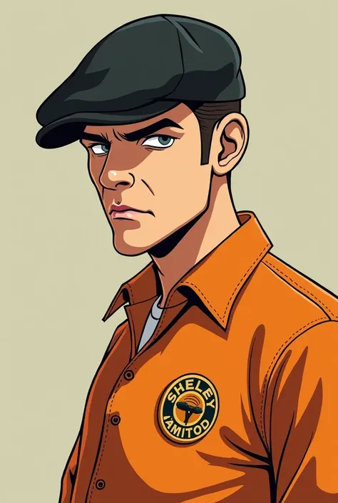 Cartoon thomas shelby figure drawing using orange color shirt with emblem written Shopeefood