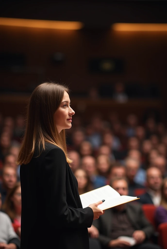 Straight brown haired girl ,  white complexion giving a lecture on a stage in front of many people