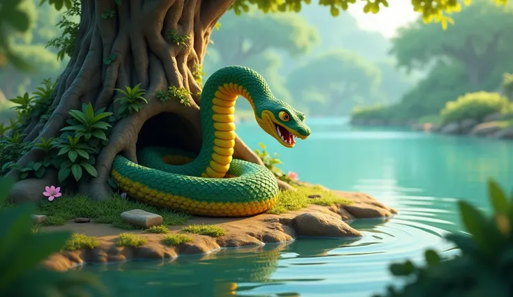 A 3D cartoon snake coiled around a tree trunk, looking menacingly at the hollow where the mongoose family resides. River side 