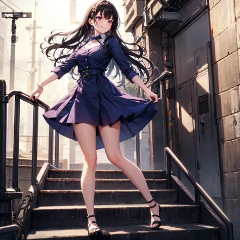 A high school-aged girl is climbing a set of backstage stairs in a theater, heading toward a brightly lit stage. She is mid-step, her expression showing focus and slight excitement. Her outfit flows lightly as she moves, suggesting urgency. The background ...