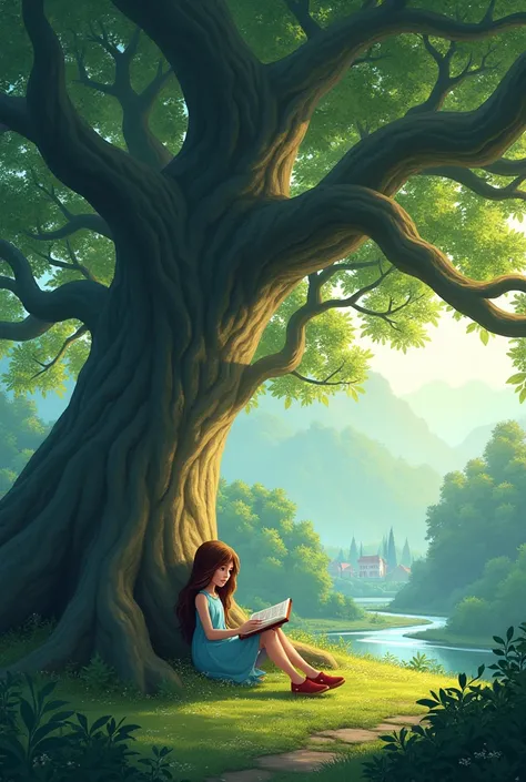 background*: small village,  dense forest ,  big tree with glittering leaves.

*Lila:  girl ,  Long brown hair ,  light blue dress , red shoes,  sitting reading book under tree .
