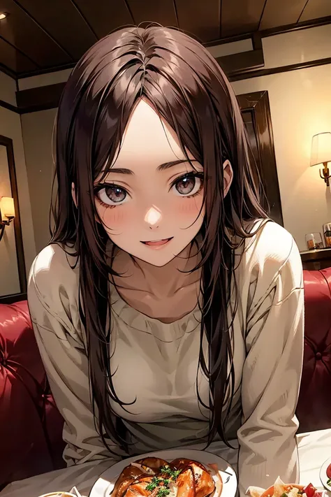 A 22-year-old dark-haired girl is about to have dinner at her dinner table on December night 、Drinking beer in the living room、A 22-year-old girl with dark hair with a happy expression 、The display size of the person is 25 %About 