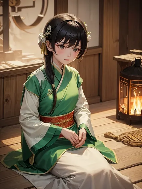  A detailed picture featuring a cold Chinese female servant, wearing green-and-white hanfu , her hair is ruffled .  She was sitting in an empty hut at night . A small burning bonfire in the middle of her .  Next to her was a handsome Prince who was asleep ...