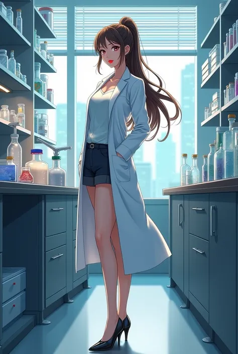 Anime style 
Female
Adult
35 years old 
Red lips
Brown hair
Long hair
One ponytail 
Blue eyes
Blue shirt
Black pants
White lab coat 
White lab
Black Heels
Glasses
Lab home
Apartment
Building interior