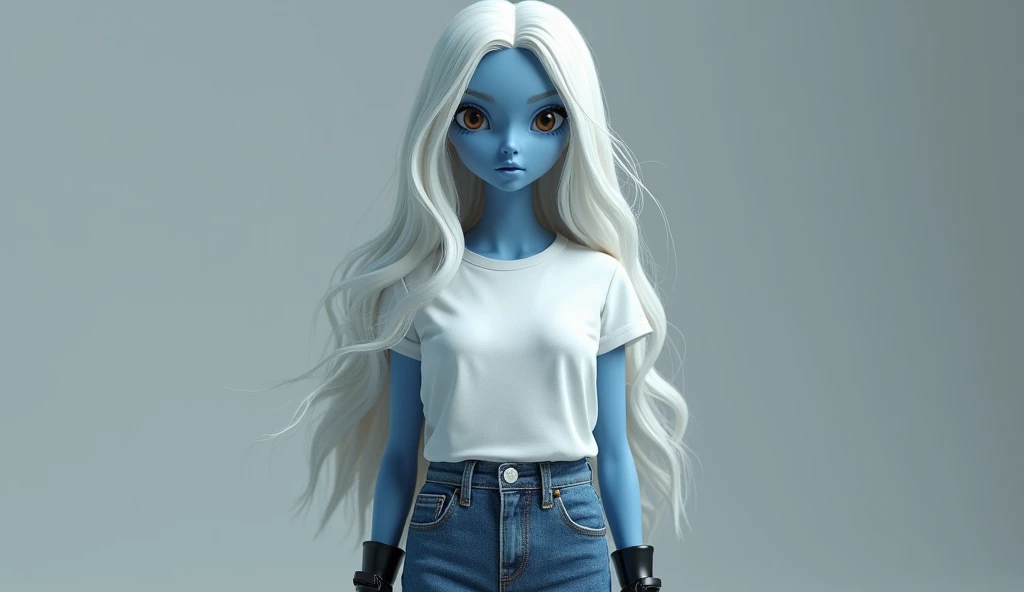 beautiful blue female model, blue skin, alien girl, attractive figure, long hair, white hair, smooth blue skin, brown and bright eyes, delicate makeup, blue lips, light eye makeup, ((basic white t-shirt and jeans)), t-shirt, jeans, black boots, realism, ou...