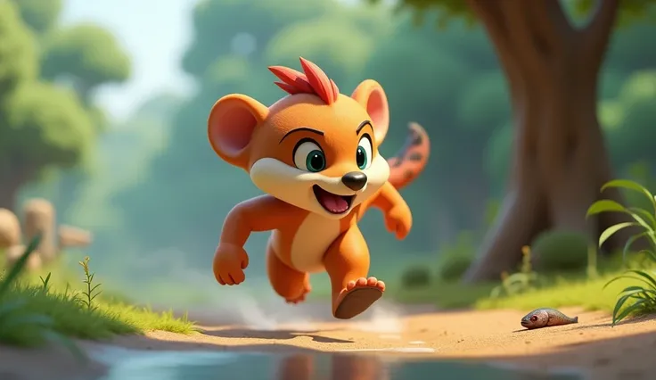 A 3D cartoon mongoose running urgently from the riverbank toward the tree, leaving a caught fish behind, with a determined expression.