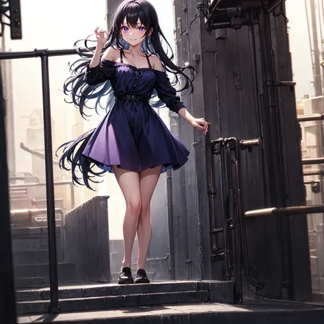 A high school-aged girl is climbing a set of backstage stairs in a theater, heading toward a brightly lit stage. She is mid-step, her expression showing focus and slight excitement. Her outfit flows lightly as she moves, suggesting urgency. The background ...