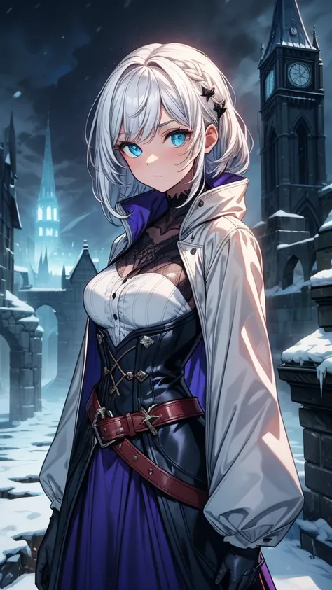 ((masterpiece, best quality:1.3, high detail)), beautiful woman looking at viewer, long straight hair, (white hair), hairpin, glowing blue eyes, dark purple, (white blouse long sleeves, oversized coat), ((blue skirt)), (belt, gloves), collarbone, ((atmosph...