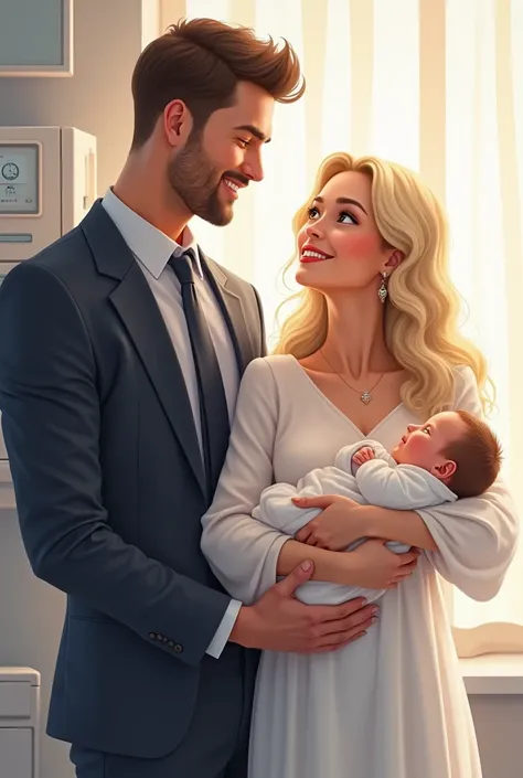 Tall man in a ,  suit next to his blonde wife who holds their newborn daughter in the hospital bed.