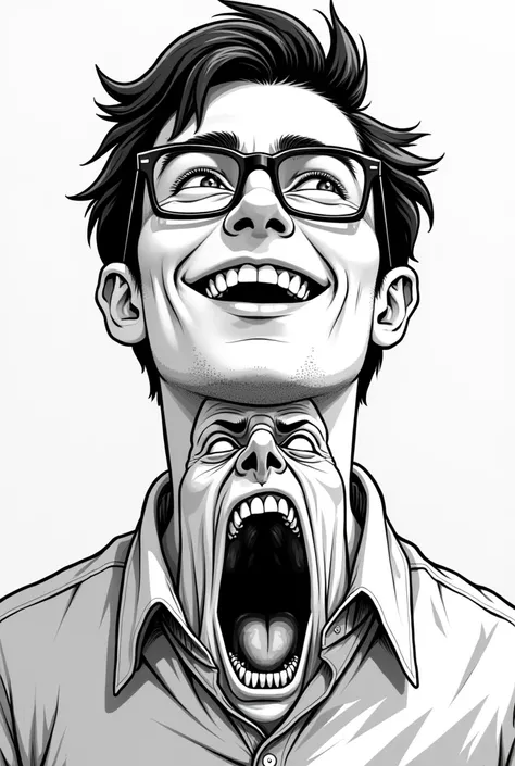  Create a drawing of a man with square lenses smiling and looking up,  Black and white, on his chest draw a face coming out screaming in pain .