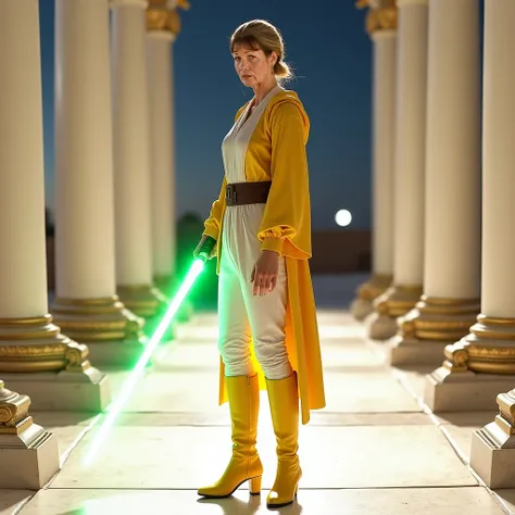  Use this image and create a woman with the same face and hair (( realistic ))  wears white and yellow Jedi robes . He wears white pants. Wear yellow knee-high boots .  She wears a single-leaf lightsaber in green , in an offensive stance.  She is standing ...