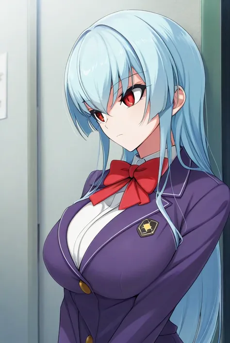  1 girl,  long hair,  light blue hair with a slender body,  big breasts,  Blazer school uniform　cool