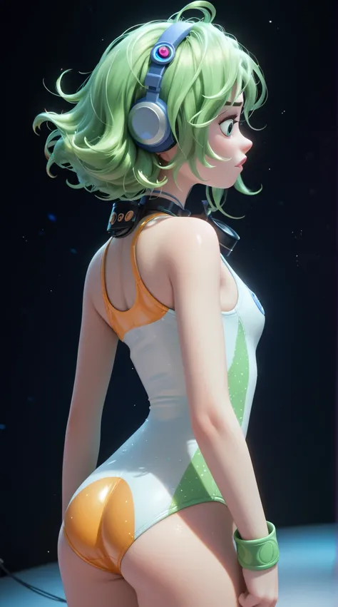 A magical Pixar 3D-rendered scene portraying Gumi facing away from the camera and wearing a blue one-piece swimsuit, soft diffused lighting, concert, low angle camera, filled with charm and the iconic storytelling whimsy of Pixar.