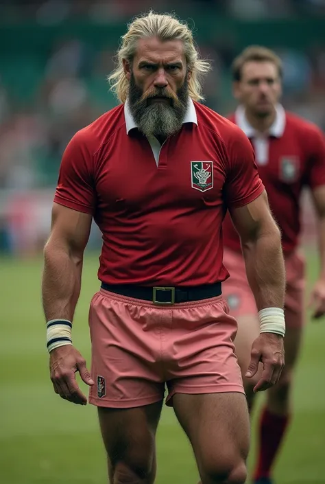 geralt of rivia age 23 the big hairy Sexy rugby player, alpha male, dark blonde leg hair bushy, 8k quality, pink shorts, red rugby shirt, very noticeable hairy legs and forearms, short hair, Wimbledon tennis,he is arguing with his opponent, m hairy legs an...