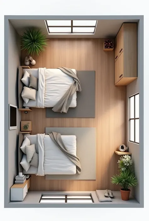  I want a plan for a square bedroom with the following measurements:  11 square meters ,  which must be furnished with a double bed ,  a closeth of clothes and shoes , a cabinet ,  a mini fridge ,  a TV on the wall and a desk ,  all the decoration in trend...