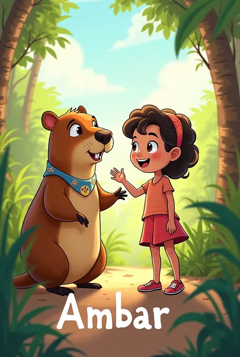 A girl and a capybara in a cartoon that says Ambar below