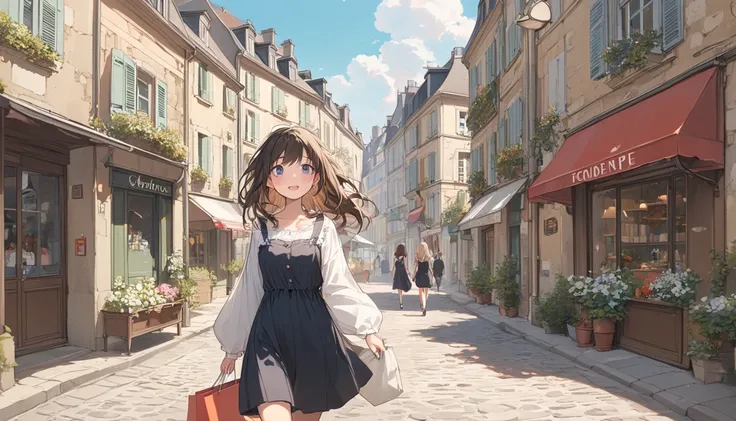  top quality ,Girl walking through the streets of France, cute, has a shopping bag