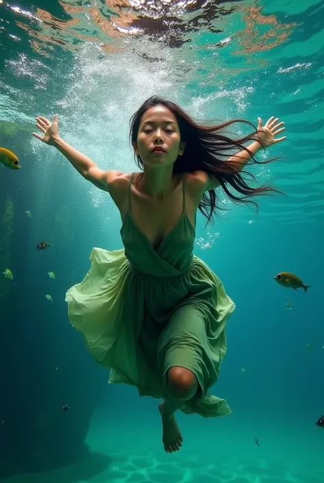 a beautiful Indonesian woman, wearing a green shabby dress poses diving in ocean water, realistic photo