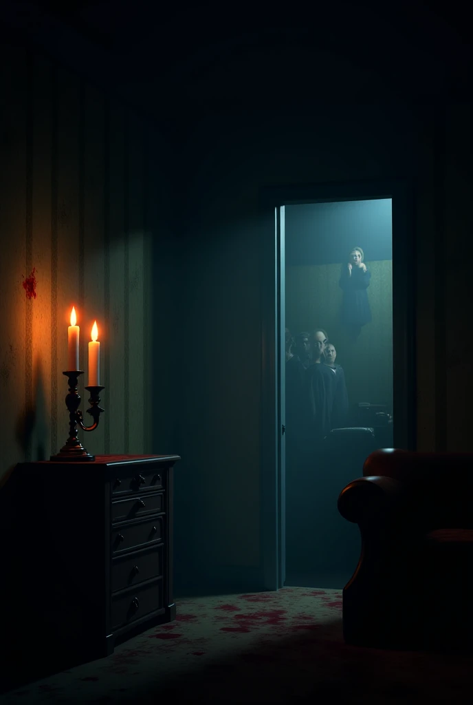 In cinematic 3d cartoon style "**Interior Scene**: A dimly lit room inside the mansion, with flickering candlelight casting shadows on the walls. Bloodstains are visible on the wallpaper, and ghostly figures faintly appear in the corners."