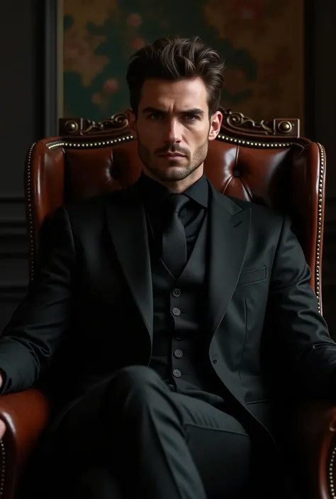 40-year-old man ,  with an athletic body in shape ,  dressed in a super elegant dress suit in black ,  with peaky blinder hair ,  sitting elegantly on a leather throne in black,  staring intently in a penetrating way 