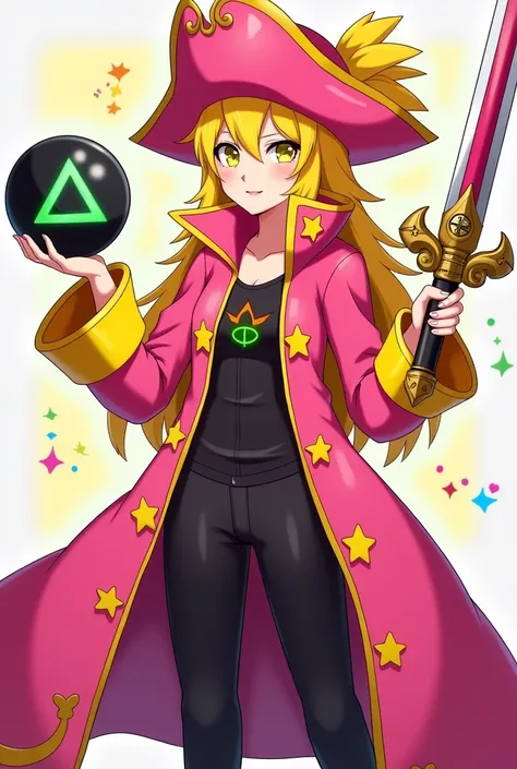 A long Bubblegum pink jacket with yellow star patterns and yellow cuff details. Black trousers underneath. Big bubblegum pink pirate hat with yellow feathers and motifs on it.
She has yellow hair, one eye is star-shaped and the other is heart-shaped. A con...