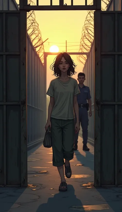 A solemn scene of Susan leaving a prison facility, wearing a simple outfit and holding a small bag. The prison gates and barbed wire are visible in the background, with her expression showing a mix of relief and apprehension. A guard watches from behind as...