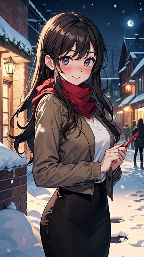 ((masterpiece, best quality:1.3, high detail)), beautiful woman, smile, looking at viewer, long hair, (dark brown hair), solo focus, one person only, full-face blush, (brown jacket, white blouse, red scarf, (long black pencil ((skirt))), boots, outdoors, (...