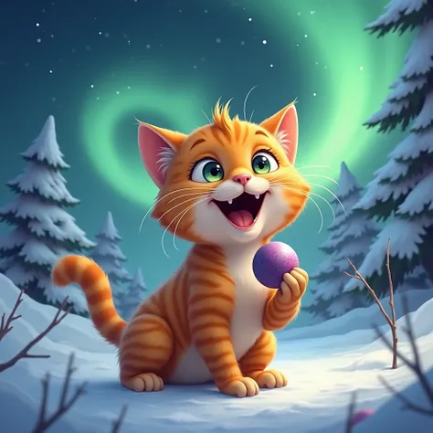 an orange cat holding a ball in one hand , with joy,  and in the background snow and many Northern Lights at night