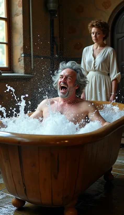 "Beethoven in a rustic wooden bathtub, splashing water wildly all over the room, drenching the floor and walls. His face looks ecstatic, while a servant in the background looks exasperated. A comedic and exaggerated scene."
