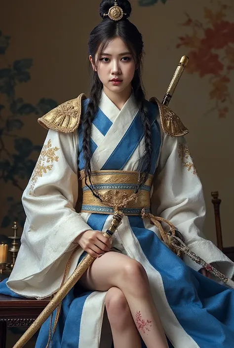 The majestic noble female general，Slim figure，Ripe and full，exciting charisma,  long legs，royal red ink tatto in her leg，Wear sapphire blue gelcoa with white robe with gold embroidery, A Japanese sword hangs from his waist，With a bow and arrow on his back，...