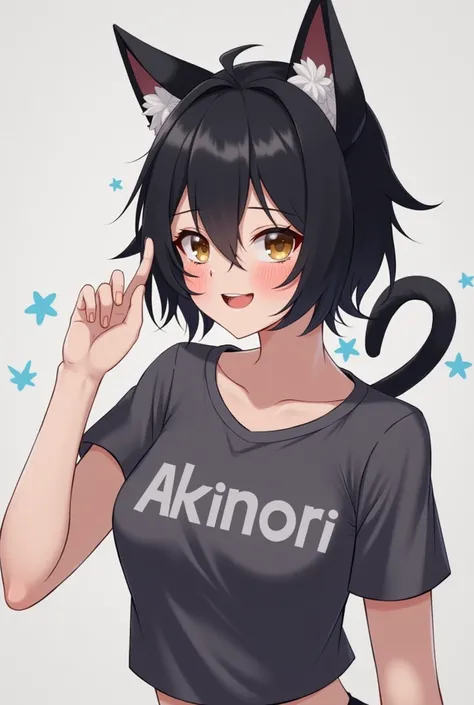 Draw an almost black brunette gamer with black hair wearing a kittens ear hunger and with the writing Akinori on her blouse
