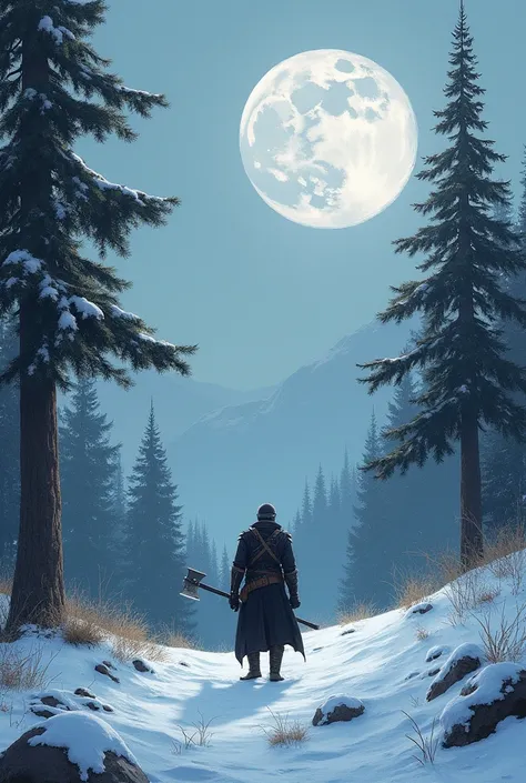 Man standing on a snowy hill next to a forest, Paintings inspired by Kano Hogai, CG Societyでトレンド, creation, an axe in bloodborne world, an axe, an axe mountain, Ghost of Tsushima,  from the software game ,  from software , Action RPG video game , Moon Cow ...