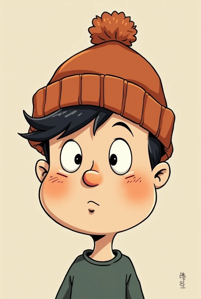 The face of a boy wearing a beanie deep down 。 cartoon style illustration like Popeye from the olden days。