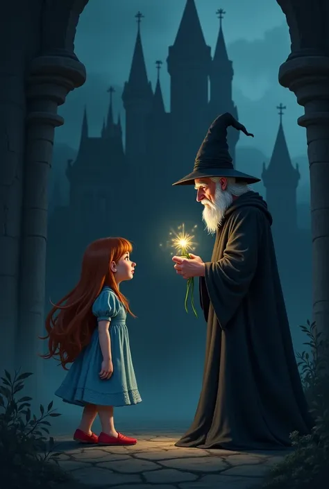 background: Dark castle ,  gloomy atmosphere .

*Lila( girl ,  Long brown hair ,  light blue dress , red shoes, her dress brighter ):  Stand upright with determination ,  slightly tousled hair ,  staring at the black-robed old wizard holding a magic flower...