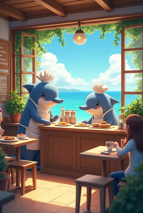 Dolphins cooking in a cafe under the lead