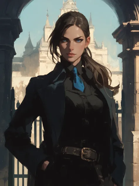 young woman with black hair, ponytail, blue eyes, tall and athletic, in a black suit, blue tie, classic pants, moccasin, in front of the gate, a dark mansion in the background, hand in pockets, sketch, realistic