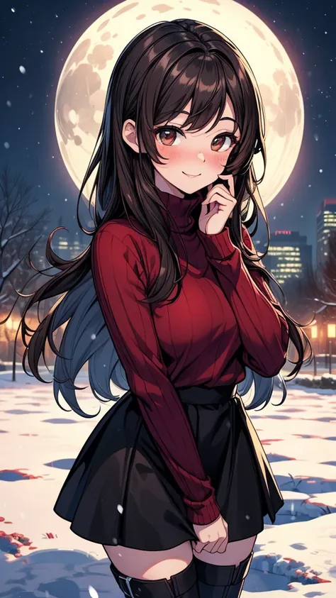 ((masterpiece, best quality:1.3, high detail)), beautiful woman, smile, looking at viewer, long hair, (dark brown hair), solo focus, one person only, full-face blush, (red sweater, (long black skirt), boots, outdoors, (night sky, snow, snowfall), (upper bo...