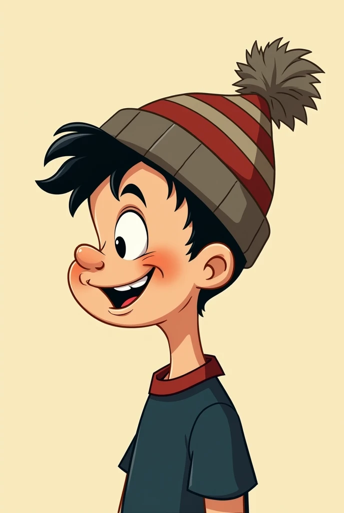 Profile of a boy wearing a beanie。 cartoon style illustration like Popeye from the olden days。