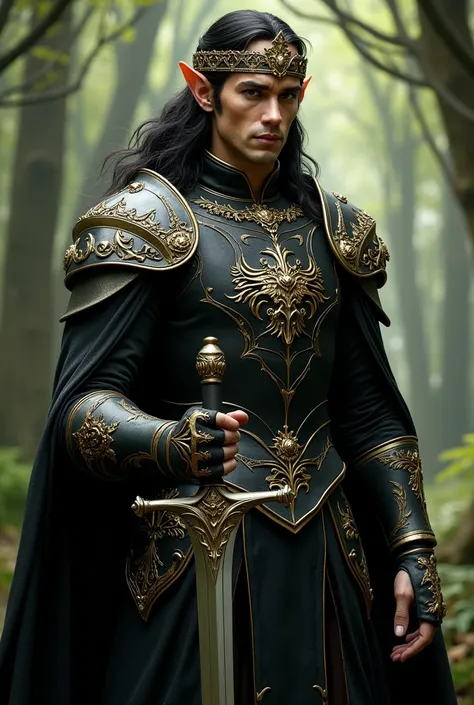  Make me an elf man of the Lord of the Rings in black and gold armor with elegant finishes, a crown like that of the elves and a curved sword of an elf  