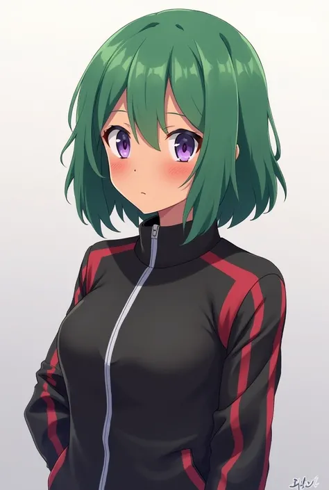  Anime girl with green and medium hair , with brown skin  ,  with purple eyes and who wears a black jacket with red edges ,  that reaches her thighs and sleeves are long  ,  with Pokémon trainer theme  .