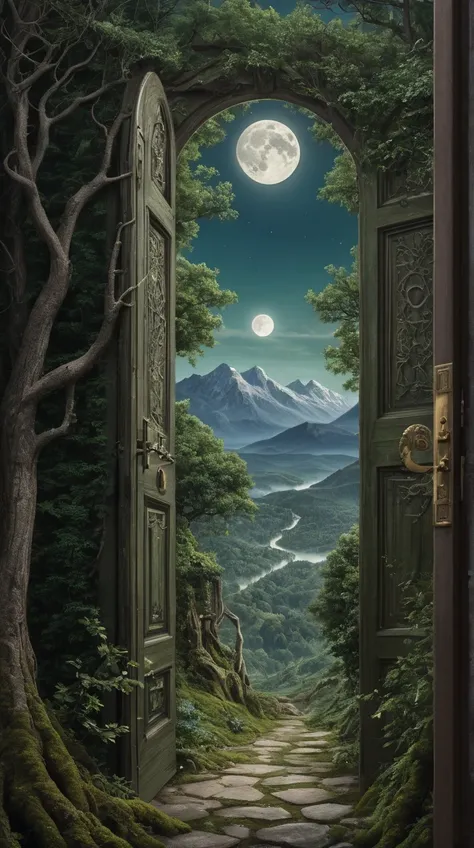 forest with two trees intertwined ,  that contains a door that leads to another place and you can see through that door another city with mountains and the moon rising in the sky. 