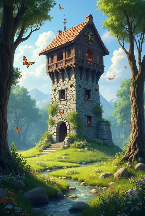 A wizards tower in a meadow, with a wooden roof.