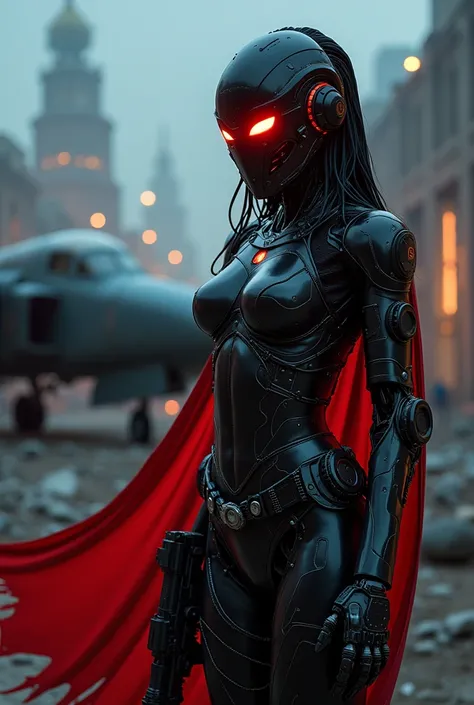 Robot Gladiator,  wearing a black-red glowing techpunk mask ， eyes sparkle, with a  futuristic  pistol hanging from the left and right of her waist,  right hand with mechanical prosthesis ,  a red breakout cape swaying in the wind ,  next to a small, struc...