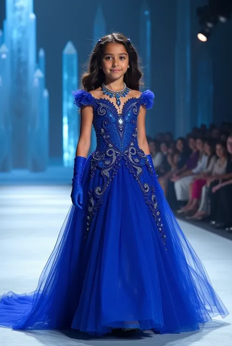 A young girl with dark, wavy hair dons a regal royal-blue gown with a long train, detailed with intricate lace patterns and shimmering sapphire accents. Her outfit is paired with matching gloves and a statement necklace of blue gemstones. She walks down a ...