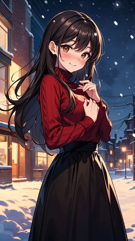 ((masterpiece, best quality:1.3, high detail)), beautiful woman, smile, looking at viewer, long hair, (dark brown hair), solo focus, one person only, full-face blush, (red sweater, (long black skirt), (long skirt:1.3), boots, outdoors, (night sky, snow, sn...