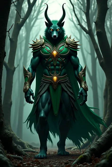 In a dark, surreal forest, the figure of a Loki-Wolf hybrid stands. This being combines Lokis trickster form with the feral strength of a wolf. It has Lokis signature green and gold armor, with a flowing cape, seamlessly merging into the wolfs muscular bod...